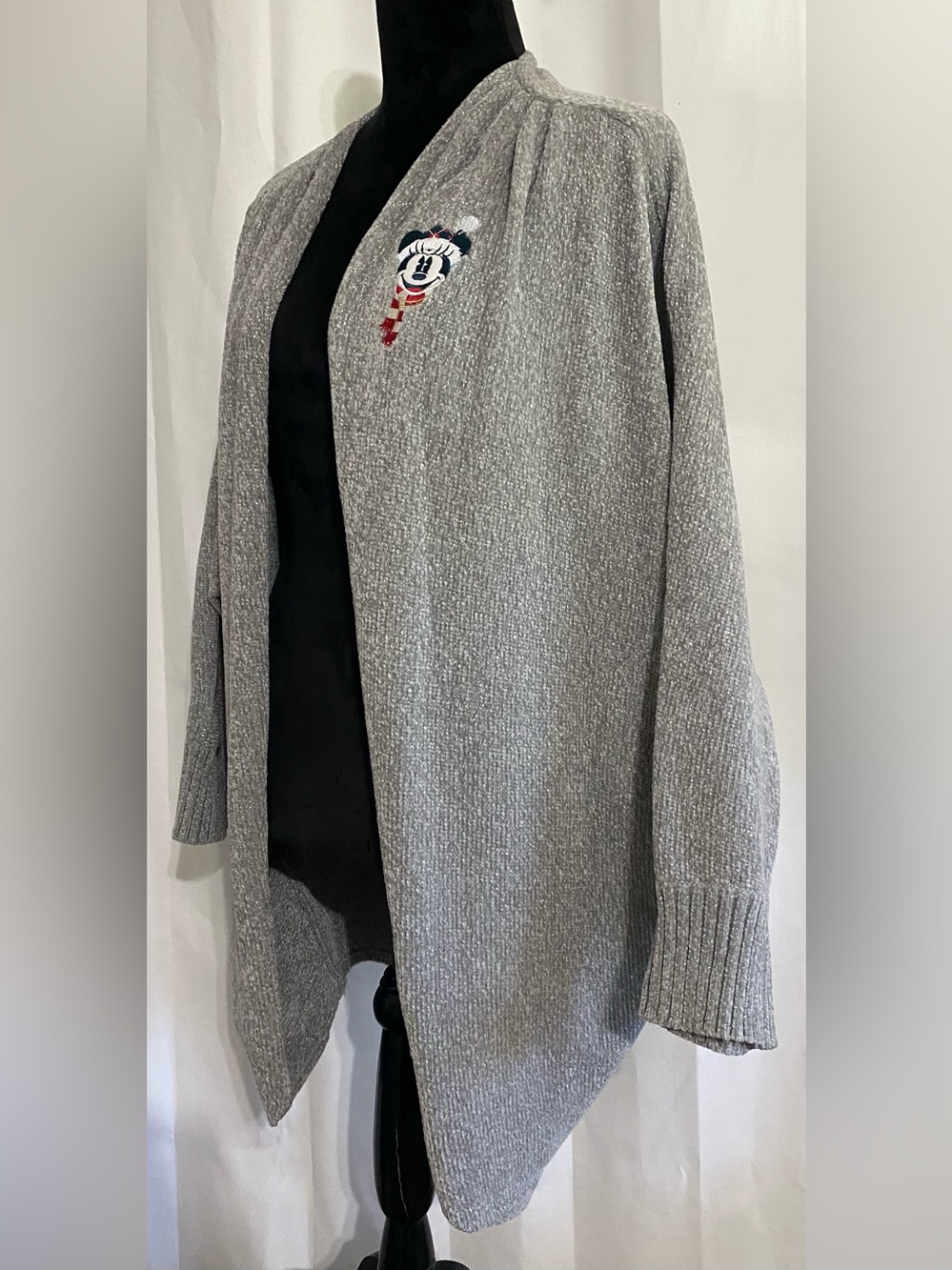 Disney Gray Open-Front Cardigan with Embroidered Minnie Accent